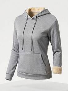 Women's Warm Hooded Pullover Sweatshirt With Drawstring And Pockets, Comfortable Thermal-Lined Sweatshirt For Casual Autumn/Winter Wear - Light Grey - View 5