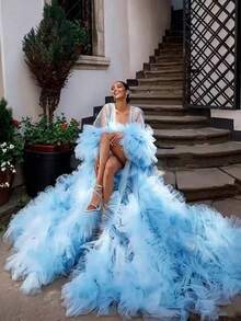 European & American Bride Dreamy Fairy Style Long Tulle Train Wedding Dress Performance Gown Versatile Long Morning Robe With Train - Baby Blue - View 6