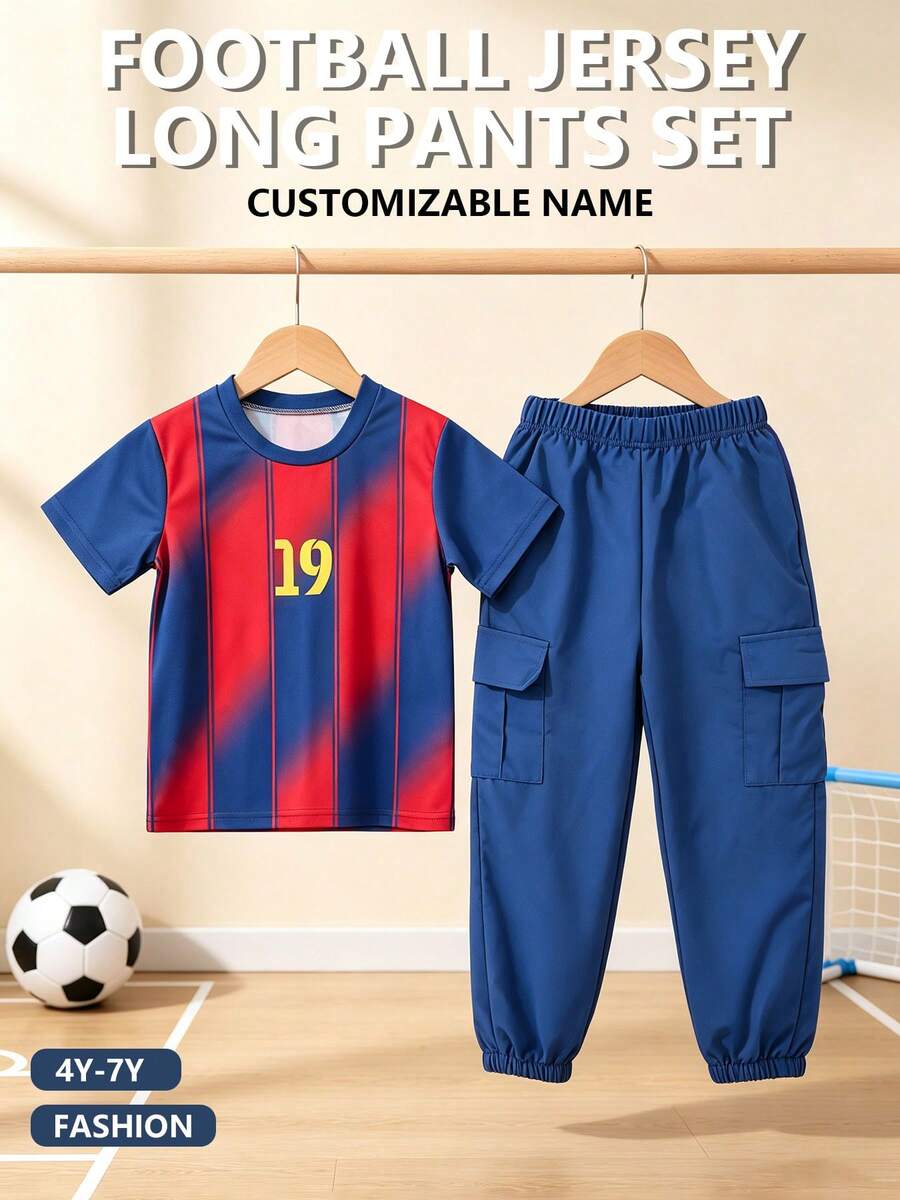 [Customized] Fashionable Comfortable Personalized Name Customized Football Jersey & Pants Set 2pcs, Number 19 Jersey 4y-7y Unisex Kids Casual Round Neck Short Sleeve & Long Pants Set - Red - View 1