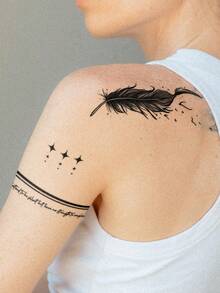 6PCS Artistic Floral Feather English Pattern Party Gift Holiday Gift DIY Music Festival Temporary Tattoo Stickers For Arm, Shoulder, Neck, Waist, Abdomen, Leg, Waterproof Body Skin - Black - View 3