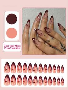 24pcs Medium Almond-Shaped Nail Stickers, Burgundy French Manicure Design With Summer Cherry Rhinestones, Retro Full Coverage, Suitable For Women And Girls Nails In Summer, Nail Art Supplies. - Burgundy - View 2