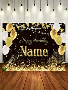 1pc Customizable Black & Gold Balloon "Happy Birthday" Decoration Background, Gold Glitter Champagne Fireworks Design, Personalized Name Customization, Suitable For Birthday Party Cake Decoration, Vinyl Material - Type B - View 2