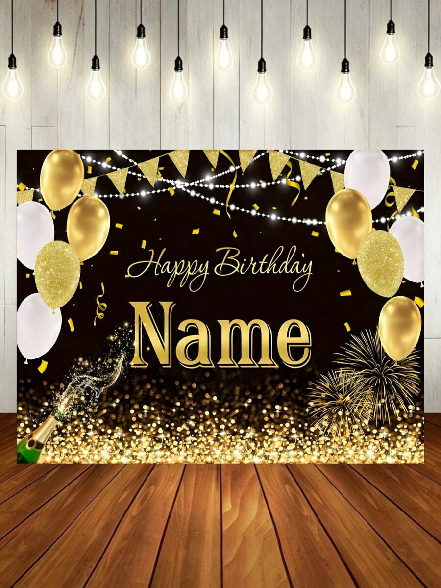 1pc Customizable Black & Gold Balloon "Happy Birthday" Decoration Background, Gold Glitter Champagne Fireworks Design, Personalized Name Customization, Suitable For Birthday Party Cake Decoration, Vinyl Material