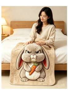 1pc Funny Angry Four-Ear Rabbit Carrot Pattern Flannel Blanket, Super Soft Comfortable Lightweight Cartoon Rabbit Print Fleece Blanket, Warm Nap Blanket, Suitable For Sofa Bed Office Camping, Cute Animal Home Decor Gift - Multicolor - View 4