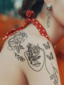 4PCS Creative Floral Butterfly Human Face Bird Pattern Party Gift Holiday Gift DIY Music Festival Temporary Tattoo Stickers For Arm Shoulder Neck Collarbone Waterproof Body Skin - Black - View 4