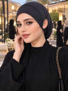 1pc Women's Solid Color Rhinestone Headscarf, Cross-Front Brim Cap, Muslim Hijab, Women's Inner Cap, Convenient Cap - Solid Color Lace-up Hat With Pierced Ears - View 15