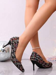 1 Pasang Sepatu Hak Stiletto Ujung Lancip Tahan Aus Berbahan Kain Tweed Kotak-kotak dengan Hiasan Rumbai, Cocok untuk Kantor, Pernikahan, dan Pesta - MultiWarna - View 6