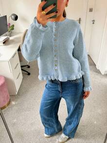 Senya Women's Baby Blue Knit Cardigan, Ruffle Trim Button Front Long Sleeve Sweater, Soft Loose Casual Style Autumn/Winter Daily Layering Top - Baby Blue - View 3