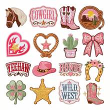 16pcs Pink Cowgirl Iron On Patches Set, Western Wild West Embroidery Patches For Jackets Jeans Backpack DIY Decor - Multicolor - View 7