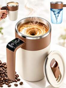 Car Cup Warmer & Cooler, Self-Stirring Coffee Mug With Fahrenheit Temperature Display, LED Digital Temperature Control, Rechargeable Stirring Cup With Lid, Automatic Self-Stirring, Suitable For Coffee, Milk And Other Beverages, Brown, Car Electronics - A - View 2