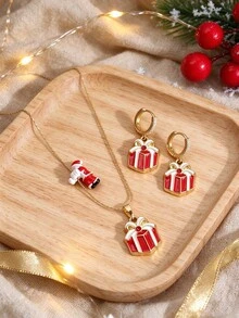 3件組新款聖誕禮物吊墜耳環與攀爬聖誕老人禮盒吊墜項鍊珠寶套組，女性聖誕珠寶套組，適合聖誕禮物、節日/派對氛圍珠寶套組 - 彩色 - 查看 3