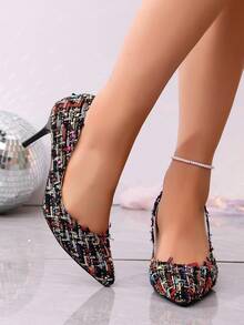 1 Pasang Sepatu Hak Stiletto Ujung Lancip Tahan Aus Berbahan Kain Tweed Kotak-kotak dengan Hiasan Rumbai, Cocok untuk Kantor, Pernikahan, dan Pesta - MultiWarna - View 5