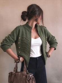 Fashionable Bohemian Style Cable Knit Zipper Cardigan For Women, Long Sleeve Regular Length Stand Collar Sweater With Gold Buttons, Suitable For Autumn - Army Green - View 3