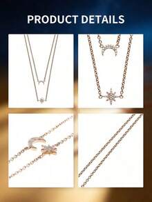 Armani Women's Double Layer Necklace, Rose Gold Chain, Rhinestone Crescent Moon & Octagon Star Pendant, Celestial Elements, Delicate & Elegant, Mysterious Night Gift - Rose Gold - View 8