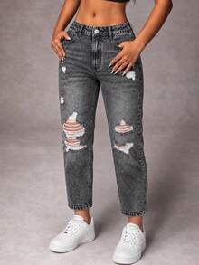 Women's Plus Size Vintage Denim Jeans, Cropped Length, Elastic Waistband With Pockets, Non-Stretch Floral Design, Suitable For Autumn Grunge Style - Black - View 6