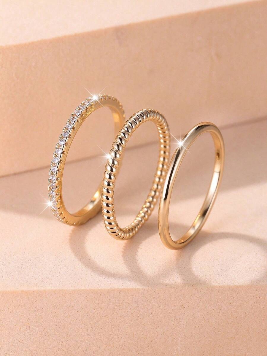 3-Piece Classic Luxury White Zirconia Ring Set, Elegant Combination Designed For Women And Girls, Suitable As Wedding Accessories - Golden Yellow+White - View 1