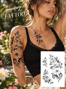 Sketch Floral And Animal Temporary Tattoos: Snake, Fox, Lion, Tiger, And Flower Designs-Unisex Realistic Tattoo Stickers. Waterproof Decorations For Arms, Thighs, And Collarbones. Personalized Body Art For Dates, Parties, And Outings; Lasts 2–5 Days - Black - View 13