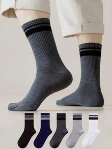 5 Pairs Striped Pattern Business Office Casual Minimalist Sports Fashion Comfortable Home Daily Men's Mid-Calf Socks - Multicolor - View 1