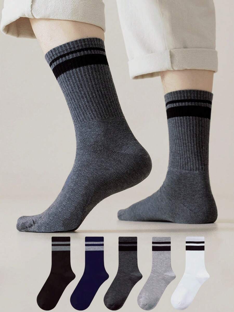 5 Pairs Striped Pattern Business Office Casual Minimalist Sports Fashion Comfortable Home Daily Men's Mid-Calf Socks - Multicolor - View 1