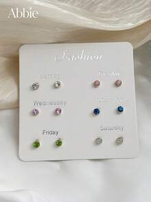 6 Pairs Cute Delicate Multicolor Rhinestone Stud Earrings, Suitable For Women's Daily Casual Wear, Low Allergy Jewelry, Holiday Gift - Multicolor - View 6