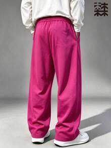 mulinsen Men's White Wide Leg Drawstring Waist Sweatpants; Street Style, Loose Straight Leg, Fluid Drape - Hot Pink - View 7