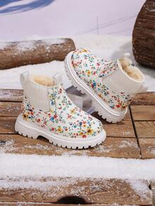 1 Pair New Children's Thermal Lined Floral Ankle Boots, Side Zipper Design Easy To Put On And Take Off, Thick Sole Anti-Slip Warm Soft Bottom Boots For Infants - White - View 1
