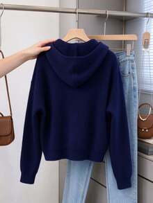 Áo cardigan len gân có mũ nữ, cài nút trước, tay dài, dáng rộng, áo len thu đông - Xanh đậm - Xem 3