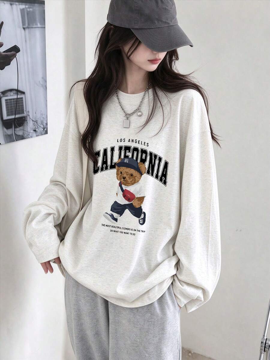 女款秋冬時尚寬鬆極簡百搭卡通熊印花長袖T恤 - 淺花灰 - 查看 1