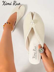 Ximi Ruo Women's Peep-Toe Flat Slide Sandals Spring New Fashion Outdoor Wear Rhinestone Closed Toe Slippers Slouchy Mule Shoes Internet Celebrity Closed Toe Slippers Women's Shoes Outdoor Wear Spring Summer New Fashion Pointed Toe Chunky Heel Mule Shoes Rhinestone - White - View 8