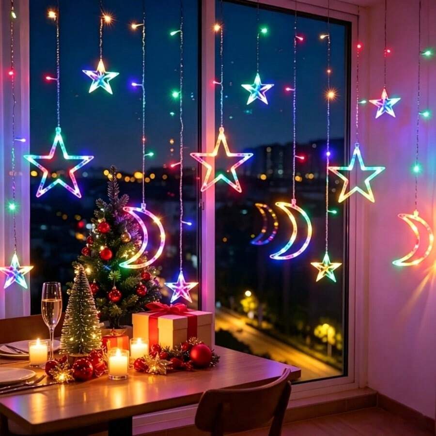 1PC Star Moon Curtain Christmas Light - Christmas Window Light -8 Modes, Indoor Christmas Waterfall Light Hanging Background Suitable For Bedroom, Wedding, Party, Wall Decoration, USB Power Supply - Curtain Lights - View 1