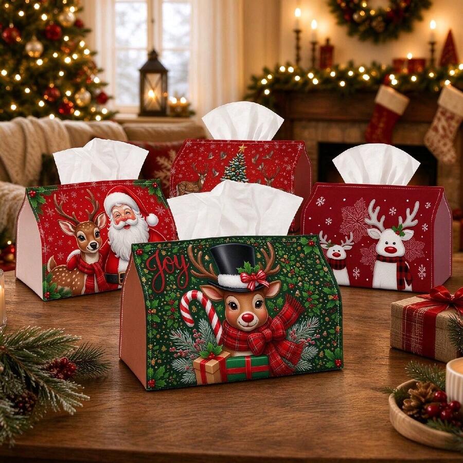 1pc Vintage Holiday Tissue Box | Multi-Functional Christmas Napkin Holder, Suitable For Home, Christmas Car Decor, Reindeer Top Hat Candy Cane Font - Seasonal Decorative Tissue Box For Living Room