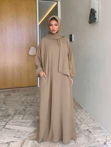 1件女款簡約日常禱告頭巾 (Abaya) - 卡其色 - 查看 3