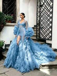 European & American Bride Dreamy Fairy Style Long Tulle Train Wedding Dress Performance Gown Versatile Long Morning Robe With Train - Baby Blue - View 5