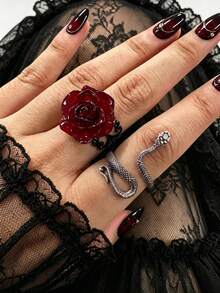 2pcs/Set Gothic Style Snake Ring And Red Rose Ring Set, Suitable For Women's Halloween Costume Or Daily Wear - Multicolor - View 1