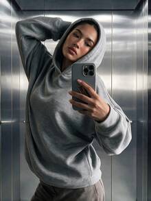 女款休閒針織羅紋長版寬鬆連帽衛衣，適合日常穿著、秋冬服飾、秋冬穿搭、外出穿搭 - 灰色 - 查看 4