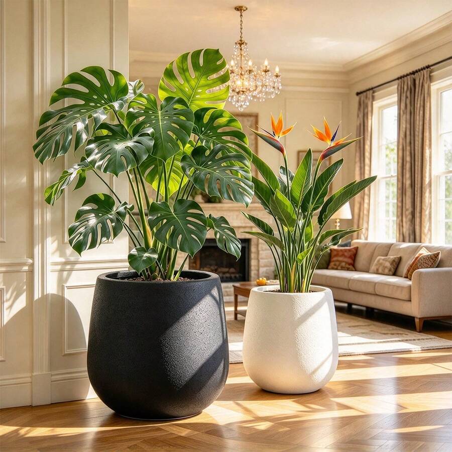 Large Floor Planter, Ceramic-Feel Matte Indoor Plant Pot, Decorative Plant Container, Lightweight And Durable, Home And Office Decor, Black And Beige - Multiple Styles - View 1