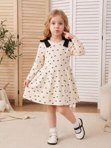 Girls' Casual Bowknot Print Long Sleeve Dress, Spring/Autumn - Apricot - View 1