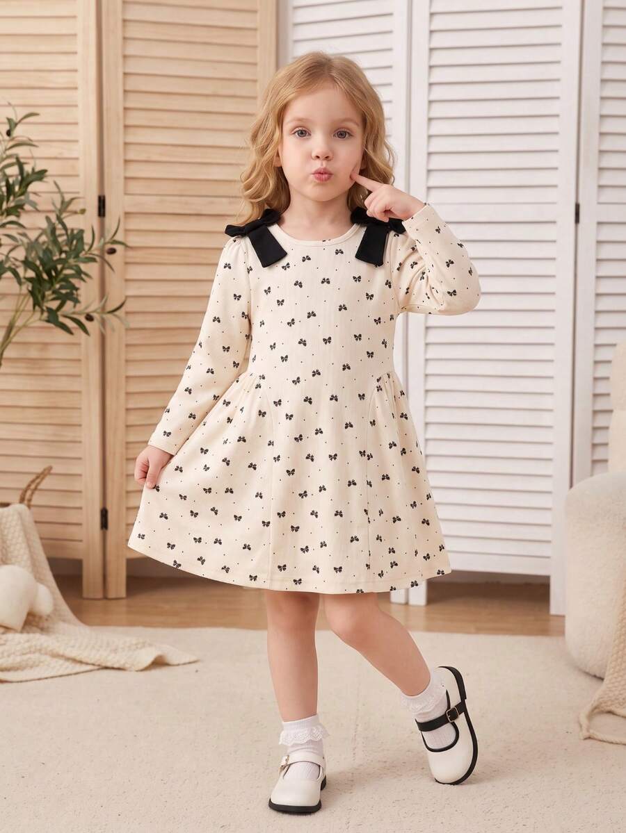 Girls' Casual Bowknot Print Long Sleeve Dress, Spring/Autumn - Apricot - View 1