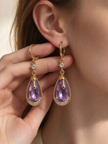 1 Pair Fashionable Personalized Long Elegant Rhinestone Glass Earrings, Suitable For Wedding, Party And Gift - Purple - View 8