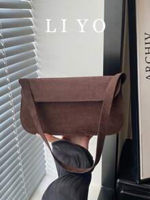 Minimalist Women's Baguette Bag, Fashionable Versatile Solid Color Suede Shoulder Bag Underarm Bag - Coffee - View 2