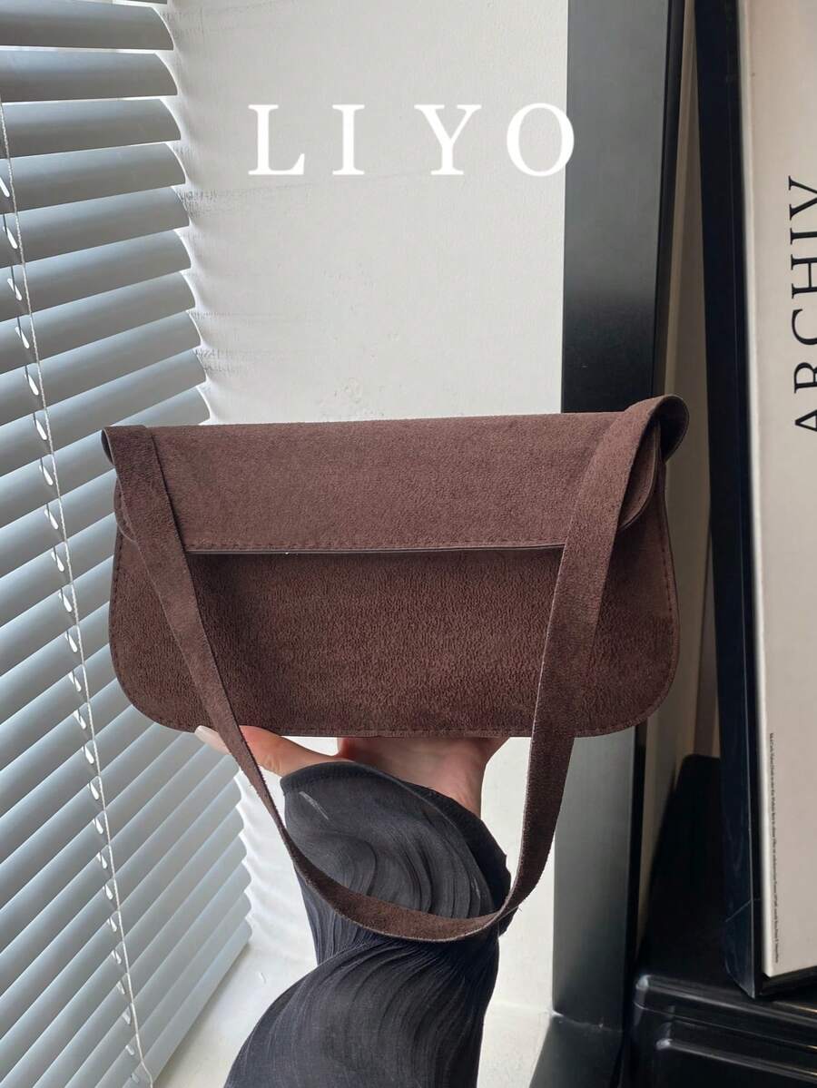 Minimalist Women's Baguette Bag, Fashionable Versatile Solid Color Suede Shoulder Bag Underarm Bag