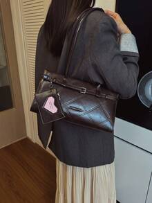 1件女款大容量絎縫格紋單肩包，復古PU托特包，小掛包，適合通勤、購物、送禮 - 咖啡棕 - 查看 6