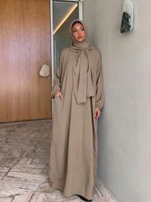1件女款簡約日常禱告頭巾 (Abaya) - 卡其色 - 查看 2