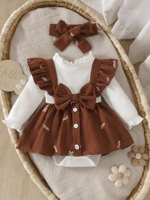 1pc Baby Girl Cute Sweet Long Sleeve Ribbed & Corduroy Patchwork Embroidered Bodysuit With Headband, Spring/Autumn Thin - Mocha Brown - View 1