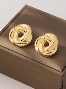 1 Pair Fashionable Elegant Gold Geometric Twisted Knot Stud Earrings, Versatile Daily Wear Jewelry Accessory For Women - Yellow Gold - View 3
