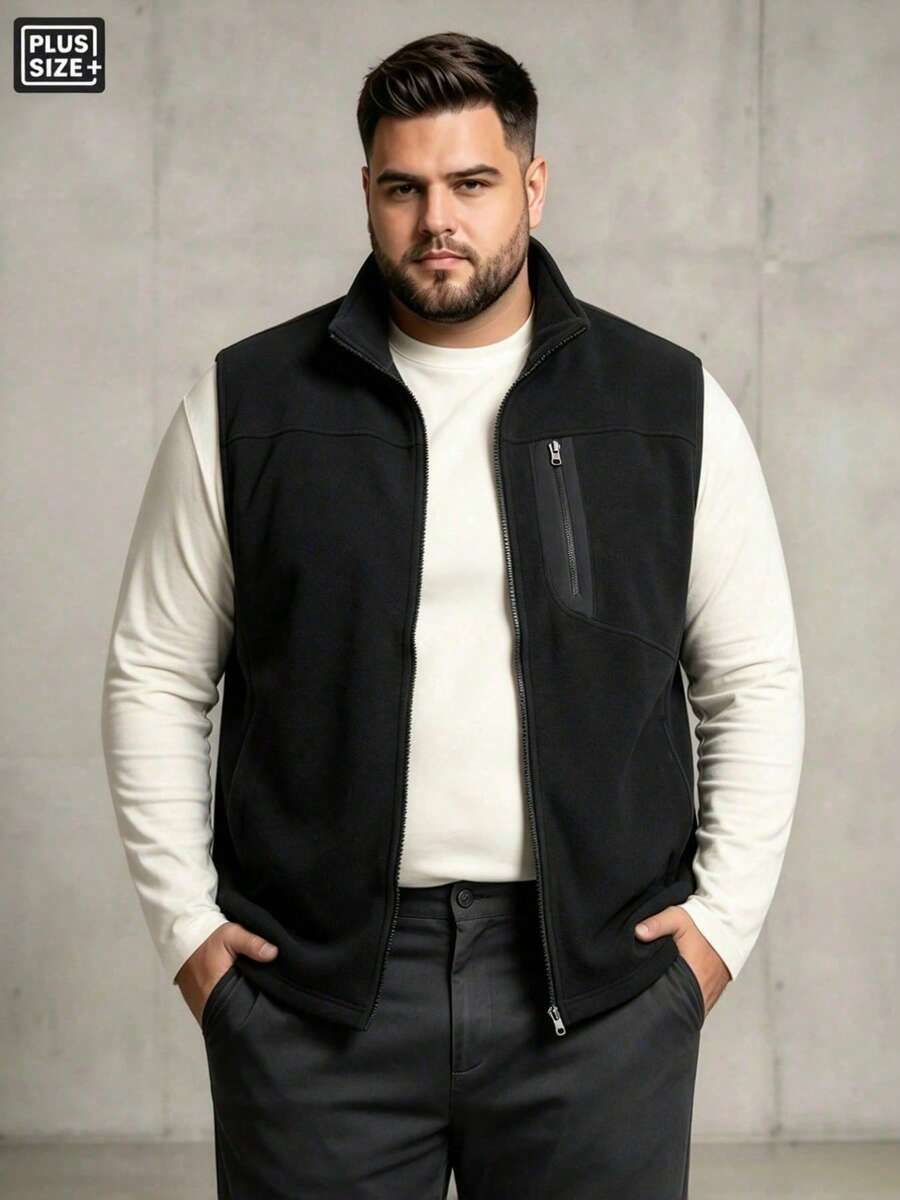 Plus Size Men's Winter Fleece Vest, Casual Thickened Sleeveless Jacket Vest, Suitable For Hiking, Sports, Fishing, Travel, Camping And Daily Commute