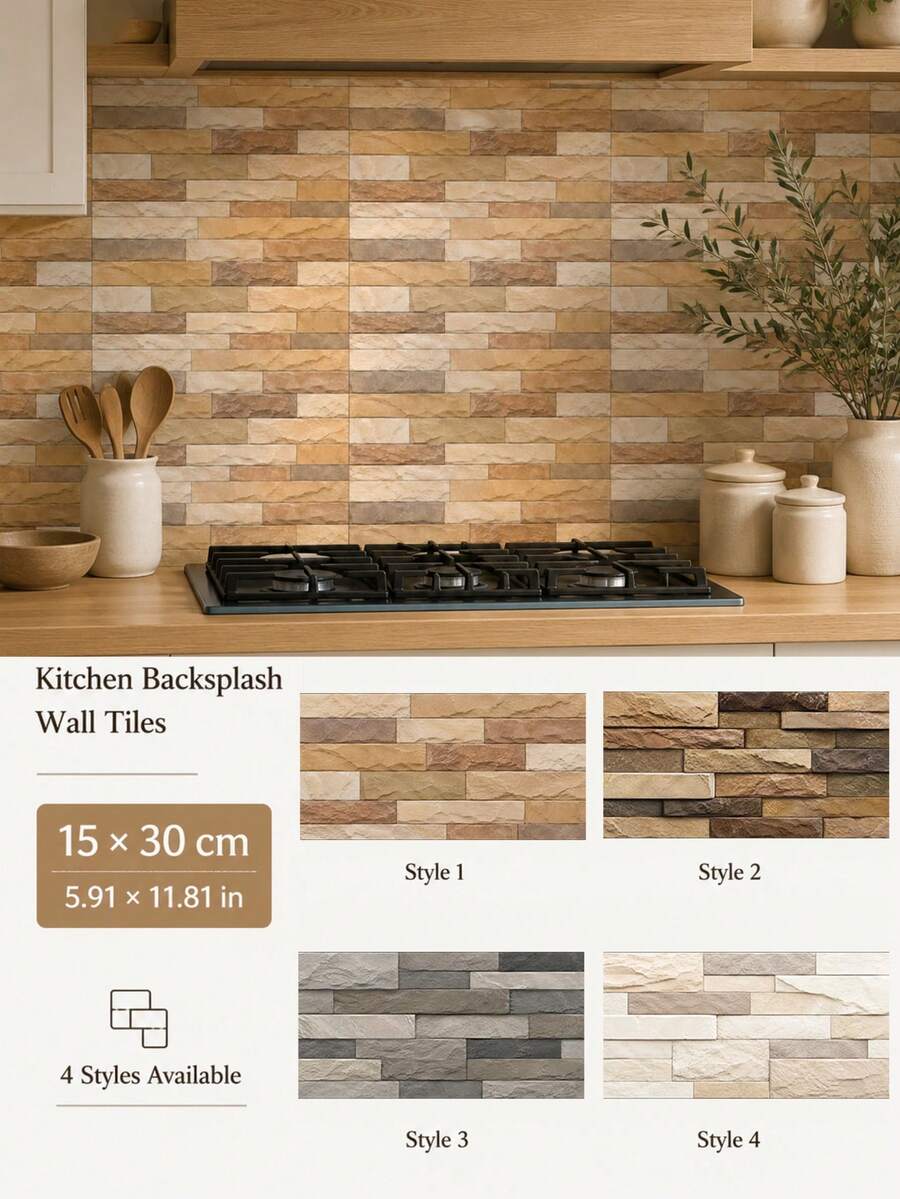 SUPSTICKER 12pcs Thick Crystal Stone Wall Tiles, Self-Adhesive Waterproof Splash-Proof Stickers, 4 Styles Available, 15x30cm, Suitable For Kitchen And Bathroom