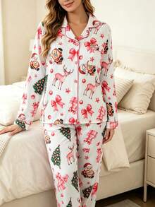 [Livanti Pajamas]2pcs Women's Long Sleeve Pajama Set, Collared Button-Down Shirt And Elastic Waist Loose Pants, Suitable For All Seasons, Comfortable And Loose Fit, New Christmas Santa Claus & Christmas Tree Print Design, Fall & Winter Clothes - White - View 8