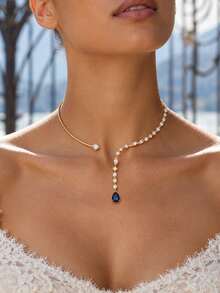 1 pieza Collar de cuello abierto, con forma de Y asimétrica con colgante de zafiro azul y cristal blanco, accesorio de cuello llamativo para boda nupcial - diamantes de imitación - Ver 3