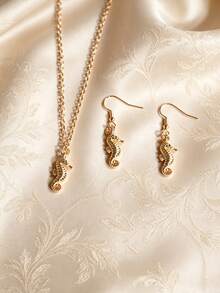 1 Set Minimalist Fashion Seahorse Pendant Necklace & Earrings, Adjustable Chain, High-End Collarbone Chain - Necklace and Earrings Set - View 5